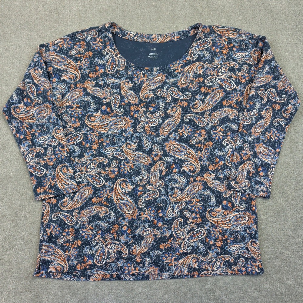 J. Jill Tunic Womens Large Navy Blue Paisley Supima Cotton Scoop Neck 3/4 Sleeve